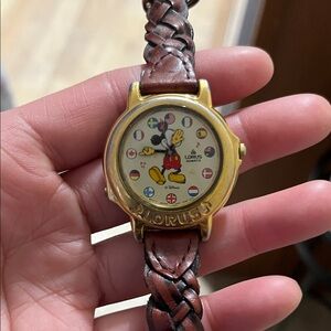 Lorus Mickey Mouse Gold Watch with Brown Leather Strap